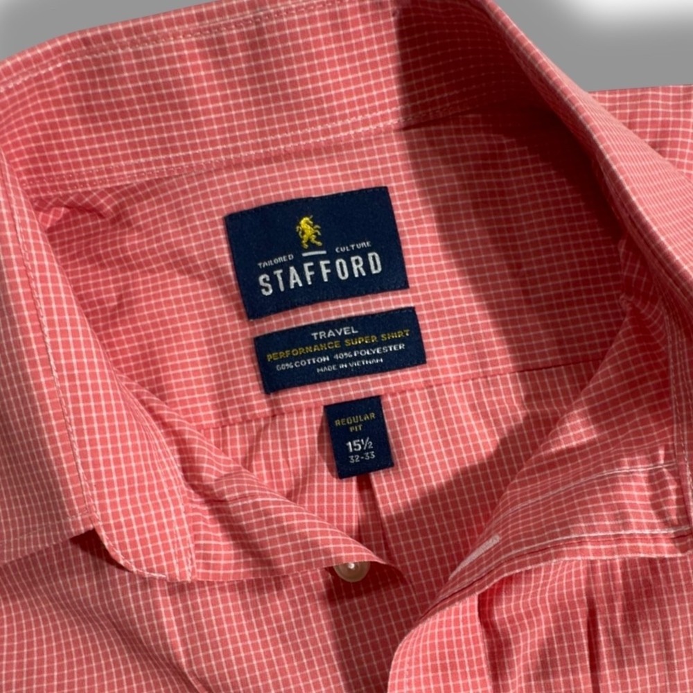 Stafford Mens 15 1/2 32-33 Button Up Dress Shirt Pink White Plaid Long Sleeve - Picture 5 of 8